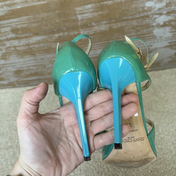 Jimmy Choo Lang Patent Leather Heeled Sandals Blue Preppy Classic - Picture 5 of 11